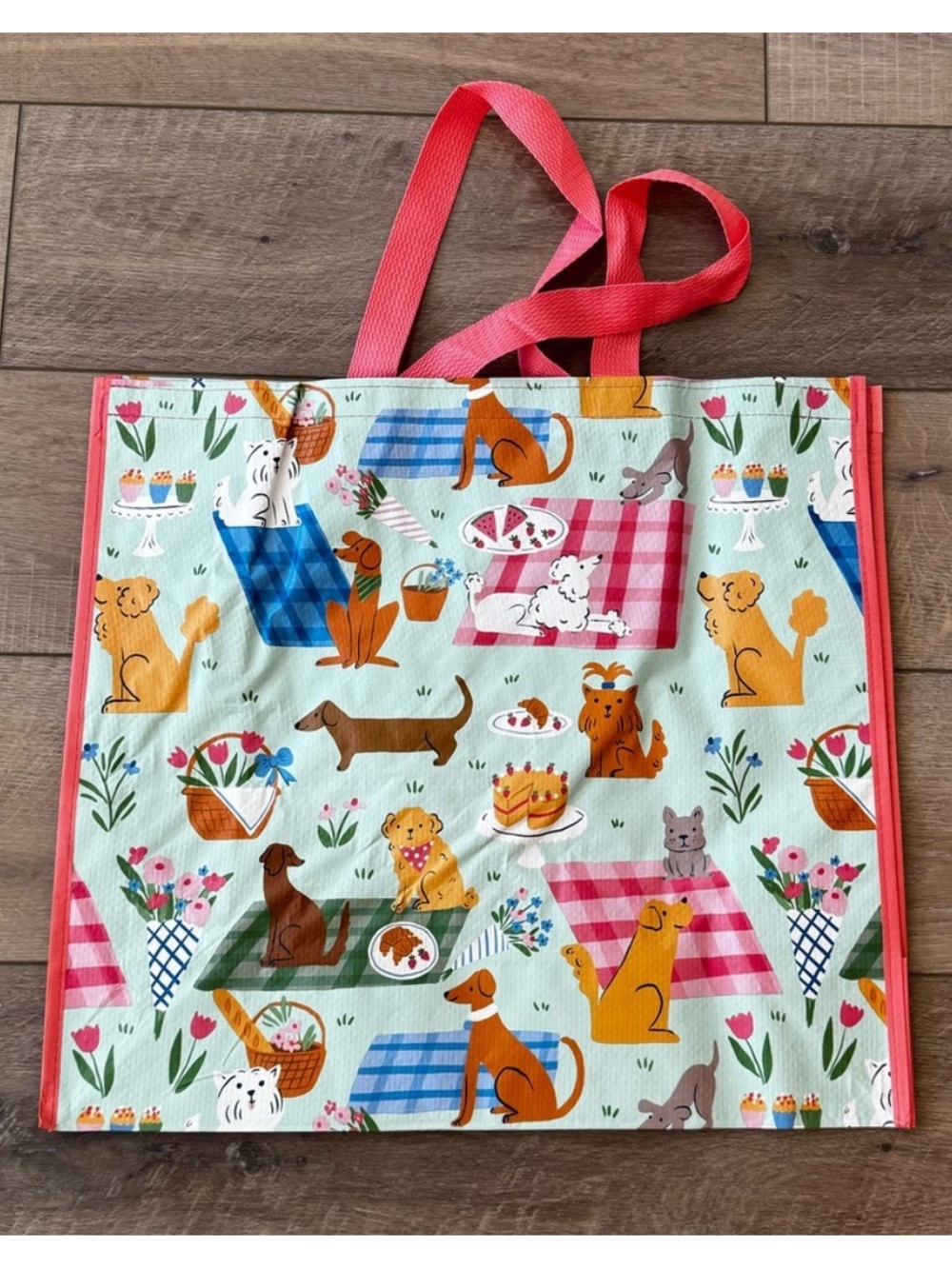 T.J.Maxx Mint and Coral Picnic Dogs Reusable Tote